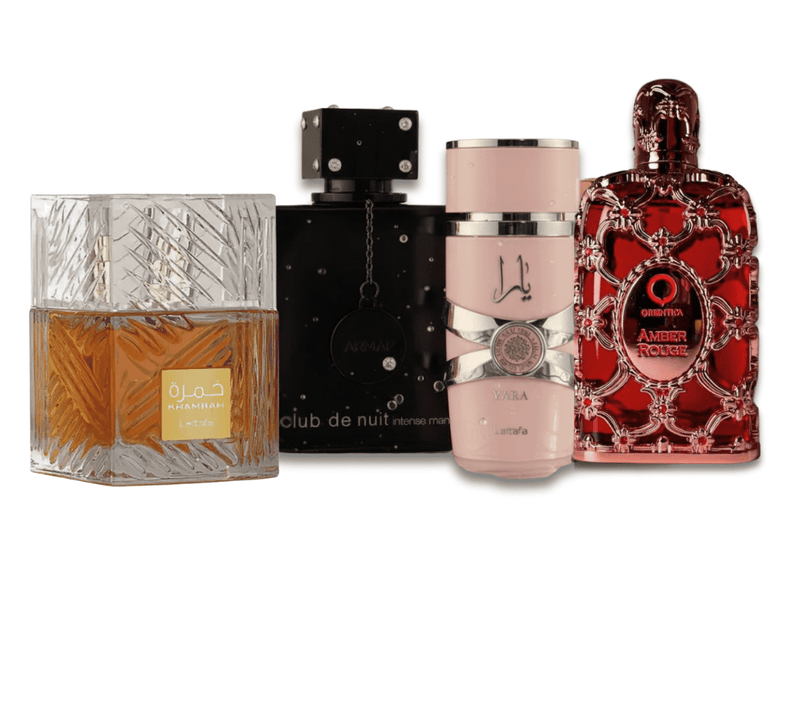 Combo Parejas 4 Perfum Yara, Amber Rouge, Khamrah y cLub de nuit